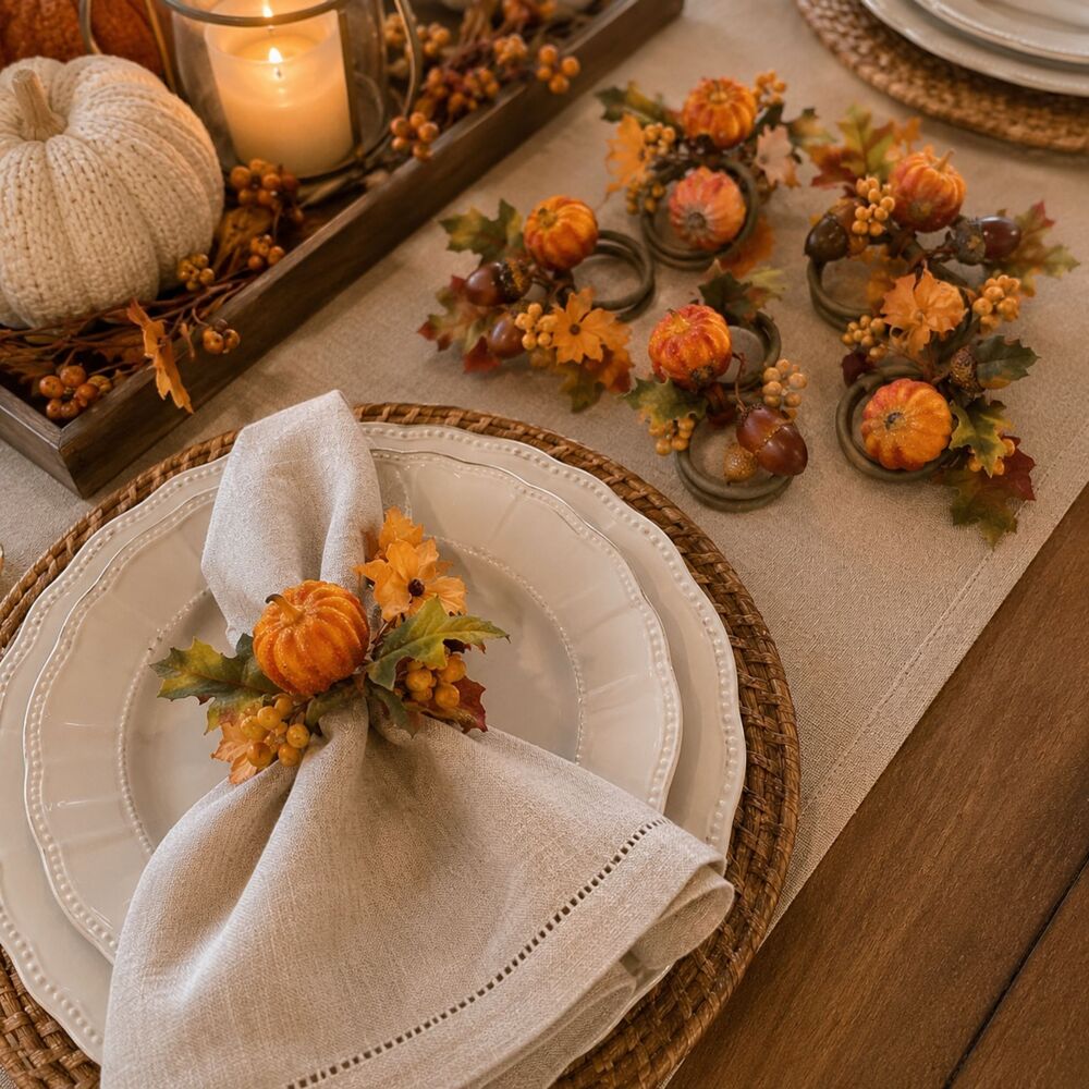 Set of 6 Fall Pumpkin Acorn Leaf Napkin Rings Thanksgiving Harvest Table Decor
